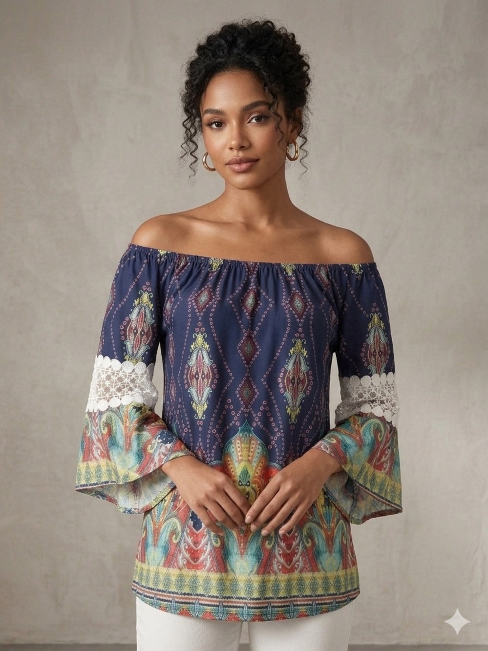 WinWin Navy Off-Shoulder Paisley Top with White Lace, Size L-XL
